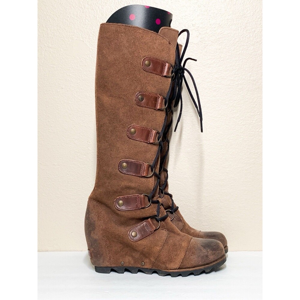 Sorel Joan of Arctic Wedge Knee Tall Women's 7.5 Brown Suede Lace Up Round Toe